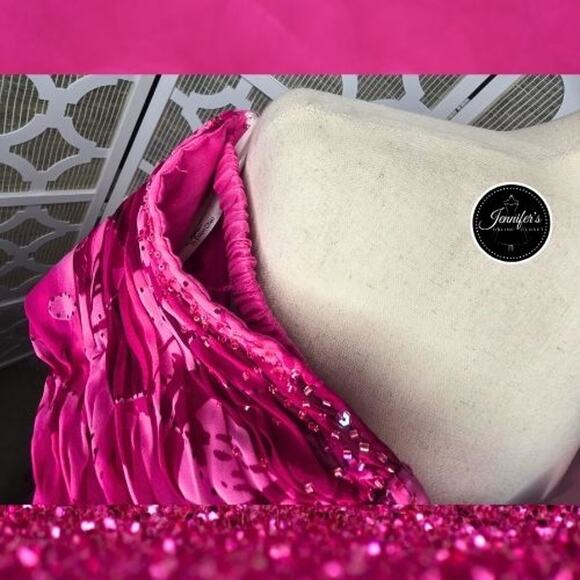 Capri by Mon Cheri Hot Pink Ruched Beaded Bodice A-Line Flared Long Dress 10/12 - Picture 11 of 14